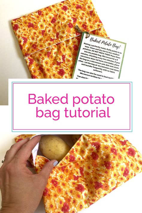 Sew a bag to make the perfect baked potato in just 5 minutes using a microwave. This tutorial will guide you through sewing a potato bag that is ideal for everyone, from shift workers needing a quick, delicious meal to college students craving home comforts. Even children can get in on the fun under supervision. And print off the free tag with care and use instructions. Microwavable Potato Bag, Potato Sack Diy, Potato Sewing Pattern, Microwave Baked Potato Pouch, Baked Potato Microwave Bag, Baked Potatoes In The Microwave Bag, Microwave Potato Bag Instructions, Microwave Baked Potato Bag Pattern, Baked Potato Bags For Microwave