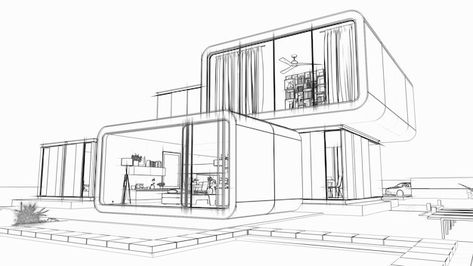 Photo architect draft modern house | Premium Photo #Freepik #photo #3d-architecture #house-project #house-plan #architecture-design 3d House Sketch, Villa Sketch, Building Sketches, Villa Exterior, Plan Architecture, Perspective Sketch, Project House, Perspective Drawing Architecture, Drawing Architecture