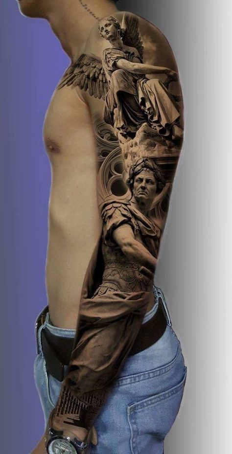 Religious Tattoo Sleeves, Religion Tattoos, Mangas Tattoo, Realistic Tattoo Sleeve, Tattoos Men, Statue Tattoo, Full Sleeve Tattoo Design, Men Tattoos Arm Sleeve, Angel Tattoo Designs