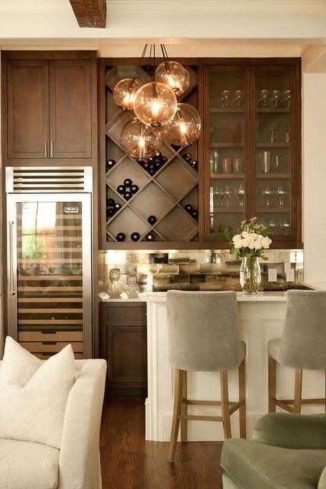 Chic living room bar features dark stained shaker cabinets paired with white marble countertops ... Living Room Bar Ideas, Small Dining Room Decor, Home Wet Bar, Home Bar Cabinet, Bar Mini, Home Bar Rooms, Bar Sala, Home Bar Designs, Mini Bars