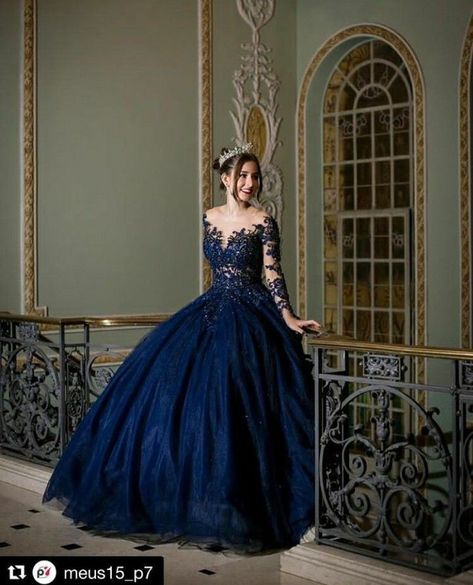 Dark Blue Gown Dress, Navy Blue Quince Dress With Sleeves, Navy Blue Themed Quinceanera, Navy Princess Dress, Wedding Dresses Dark Blue, Long Sleeve Quinceanera Dresses Blue, Dark Blue 15 Dresses, Dark Color Quinceanera Dresses, Navy Blue Quinceanera Dresses Long Sleeve