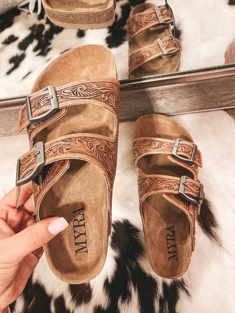 Shoes – L&L Boutique Western Summer Shoes, Tooled Birkenstock Sandals, Western Wishlist Ideas, Women’s Country Fashion, Western Birkenstock, Cute Western Shoes, Cute Country Fits, Western Slippers, Western Sandals