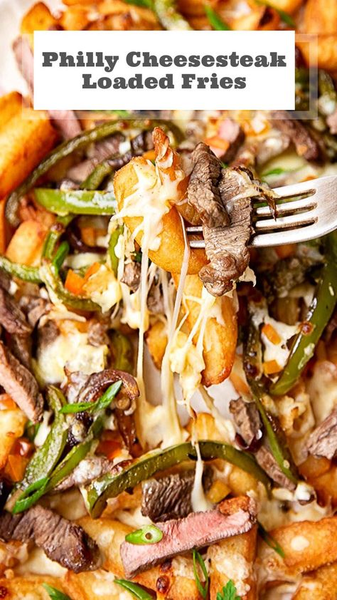 Philly Cheesesteak Loaded Fries Loaded Steak Fries Recipes, Philly Cheese Steak Tacos, Philly Cheese Steak Fries Recipe, Loaded Steak Fries, Philly Cheesesteak Fries, Cheesesteak Fries, Leftover Steak Recipes, Dirty Fries, Wonton Tacos