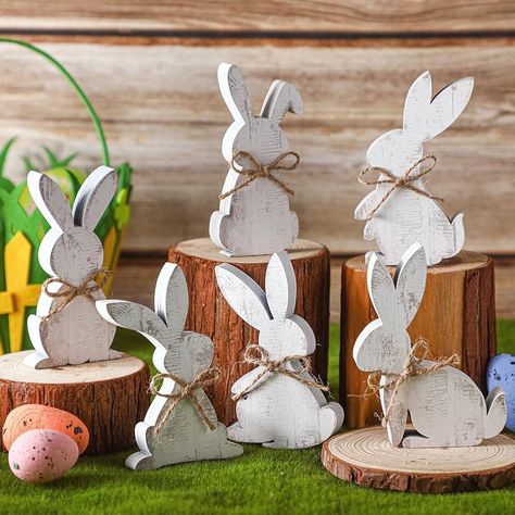 Amazon.com: Thinkday 6 Pcs Easter Bunny Wooden Signs Bunny Decor Easter Tabletop Decor Rabbit Shape Table Sign with Jute Rope Freestanding Easter Table Decorations for Easter Party Spring Birthday Home Office : Home & Kitchen Easter Rabbit Decorations, Easter Tabletop Decor, Rustic Easter Decor, Easter Crafts For Adults, Rabbit Shape, Earth Day Crafts, Spring Birthday, Rabbit Decor, Easter Basket Diy