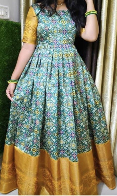 Frock In Silk Saree, Patola Print Long Frocks, Patola Frock Designs, Ikkat Long Frocks Indian, Pattu Saree Long Frocks Designs Latest, Saree Long Frock Designs Latest, Long Frocks With Old Pattu Sarees, Kalamkari Long Frocks Models, Latest Long Frocks With Sarees