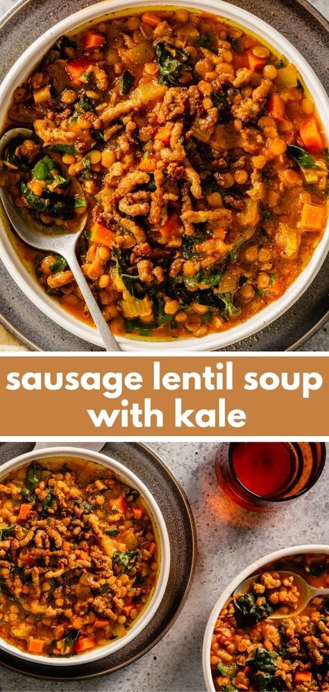 Lentil Soup With Kale, Braiser Recipes, Braised Recipes, Sausage And Lentil Soup, Warm Sandwiches, Lentil Kale Soup, Soup Sausage, Sausage Lentil, Lentils And Sausage