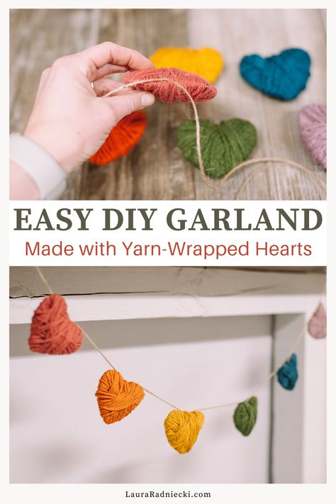 Yarn Heart Garland, Yarn Wrapped Hearts, Yarn Hearts Diy, Elderly Games, Diy Heart Garland, Cardboard Heart, Yarn Hearts, Yarn Garland, Yarn Heart