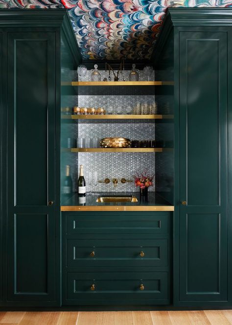 What Is a Butler's Pantry—Plus, Beautiful Ideas to Inspire Your Own Pantry And Wet Bar, Dark Green Butlers Pantry, Dark Moody Butlers Pantry, Butlers Pantry Wall, Butlers Pantry Wallpaper, Butlers Pantry Nook, Moody Butlers Pantry, Butlers Pantry Coffee Bar, Mini Butlers Pantry