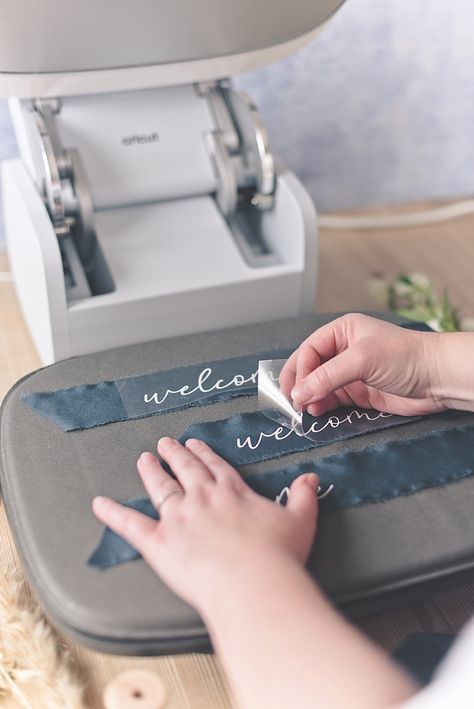 How to iron on silk ribbon with Cricut Autopress How To Make A Bow With Silk Ribbon, Diy Cricut Bachelorette, Cricut Autopress Projects, Writing On Ribbon, Diy Wedding Jacket, Bachelorette Cricut, Cricut Ribbon, Diy Wedding Welcome Bags, Wedding Welcome Bag Ideas