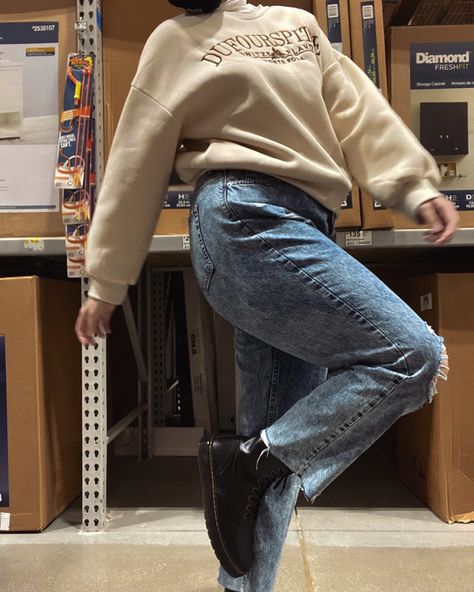 fall outfit inspo, white turtle neck, beige/tan crewneck with ripped denim, doc marten boots Turtle Neck Crewneck Outfit, Turtle Neck And Crewneck Outfit, Beige Crewneck Outfit, Doc Martens Boots Outfit, Pants Fall Outfit, Tan Crewneck, Doc Marten Boots, Crewneck Outfit, White Turtle Neck