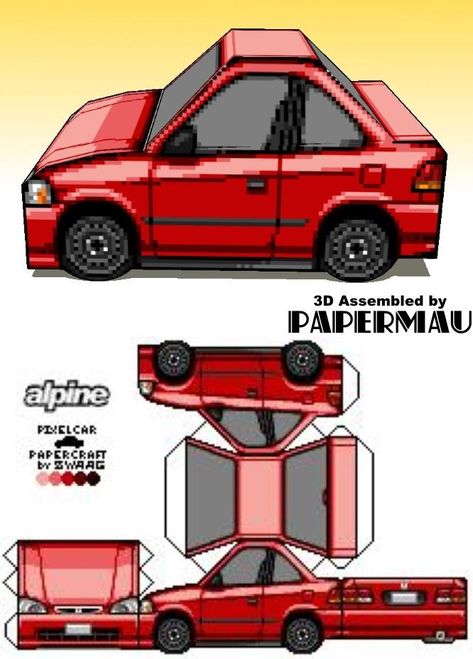 PAPERMAU: 1998`s Honda Civic Miniature Paper Model In Pixel Style by Pixel Car Papercrafts Paper Car Craft, Paper Craft Diorama, Paper Craft Car, Paper Toy Car, Honda Civic 1998, Paper Cars, Pixel Car, Nissan R32, Car Papercraft