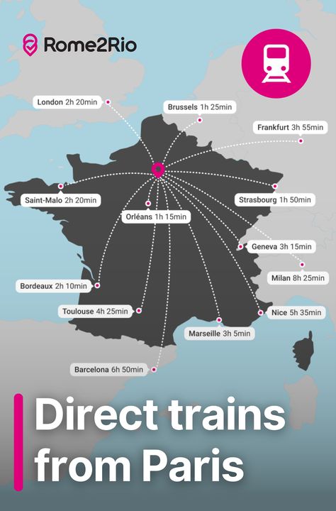 This handy France map shows travel times for direct trains from Paris to some of the major cities in France, UK and Europe. Note that Journey times might vary, and some routes require advance booking. Plan your trip with Rome2Rio.com. Trains In France, Uk Travel Guide, Cities In France, Travel In France, Europe Train Travel, Europe Train, Paris Map, Travel Route, France Map