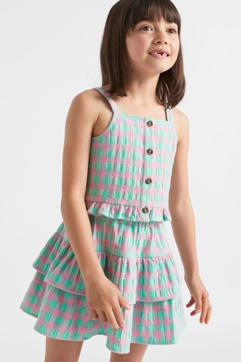 Gingham Cami Girls Dresses Summer Children, Kids Dress Collection, Kids Garments, Gingham Skirt, Green Gingham, Frill Tops, Summer Essential, Seed Heritage, Paisley Dress