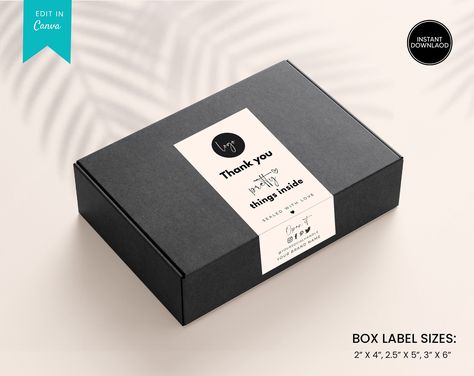 Editable Box Label Template Very easily customize this Custom Box Label Template with your information and branding in Canva, and print it yourself at home or have it professionally printed. This Packaging Label Template is perfect for small and ... Logo Online Shop, Order Packaging, Sticker Printable, Name Boxes, Free Edit, Printable Box, Black Packaging, Online Logo Design, Seal Sticker