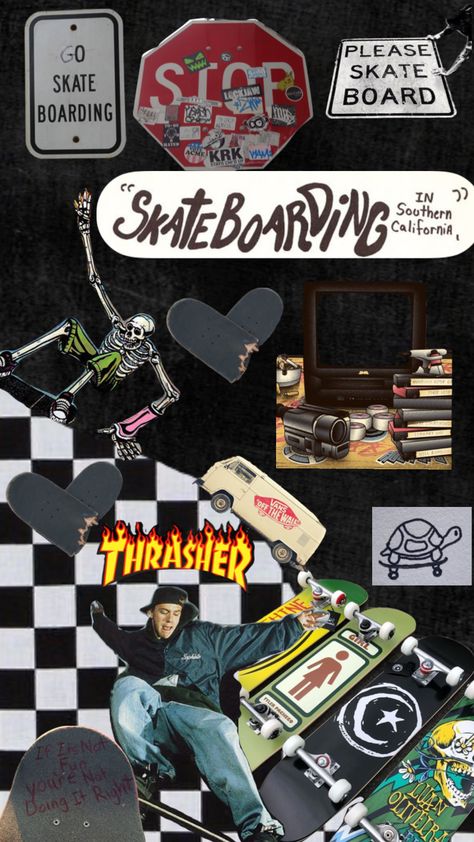 #skateboarding #skater #thrasher #checkered #vans #wallpaper #vibes #music #art Vintage Aesthetic Skateboard, Skater Backgrounds Aesthetic, Cool Skater Wallpaper, Skate Board Aesthetic Wallpaper, Skateboard Aesthetic Wallpaper Iphone, Skater Vibes Wallpaper, Wallpaper Boys Iphone, Wallpaper Backgrounds Skater, Aesthetic Skateboard Wallpaper