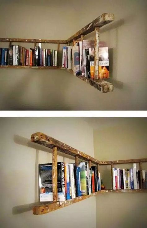 Horizontal Ladder Bookshelf | Easy DIY Bookshelf Ideas and Plans Unique Bookshelves, Ladder Bookshelf, Library Shelves, Dekor Diy, Bookshelf Design, Bookshelves Diy, Living Room Tv Wall, Boho Living, Decor Minimalist