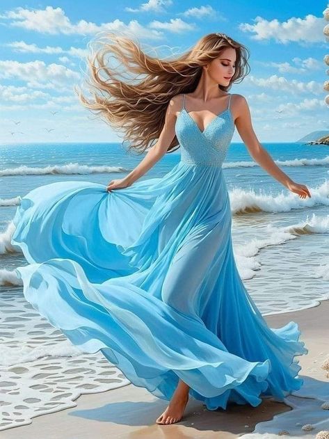 Sea Dress The Beach, Circle Skirt Outfits, Extraordinary Clothes, Sea Dress, Pretty Quinceanera Dresses, Light Blue Dress, Pose Fotografi, Beach Photography Poses