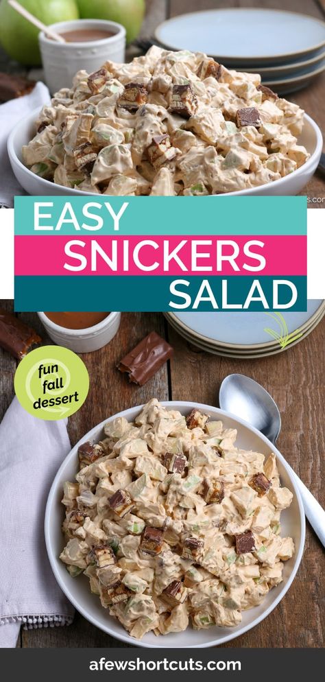 Snickers Salad Recipe, Fun Fall Desserts, Desert Salads, Sweet Salads, Snicker Apple Salad, Snickers Salad, Tasty Sweets, Yummy Fall Recipes, Fluff Desserts