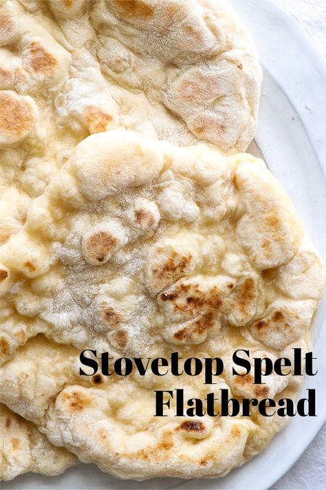 Stovetop Spelt Flatbread is so easy to make at home! These pillowy flatbread are so light and fluffy, and can be eaten with so many different things. From dipping into garlicky olive oil, to rolling up a wrap filled with meat and veggies. #spelt #speltrecipes #speltflour #flatbread #flatbreadrecipe #dinnerideas #cookingfromscratch #easybreads #quickbreads #bread #homemadebread #breadrecipe Spelt Bread Recipe, Spelt Flour Recipes, Spelt Recipes, Spelt Bread, Easy Flatbread, Fluffy Light, Flatbread Recipes, Spelt Flour, Flat Bread