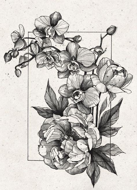 Orchid And Peony Tattoo, Orchid Tattoo Sketch, Roses And Orchids Tattoo, Orchid Rose Tattoo, Orchids And Peonies, Peony Ink Drawing, Vintage Floral Drawing, Peonie Tattoo Designs, Orchid Chest Tattoo