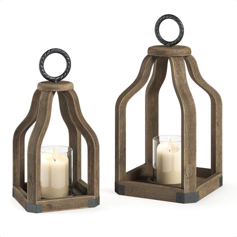 PRICES MAY VARY. S/2 decorative lantern for home decor - Our wood lantern candle holder makes the perfect rustic home decor farmhouse for any area of your home. Place a candle inside the lantern decorative candle decor to create a peaceful ambience. Farmhouse table decor - A charming farmhouse lantern for indoor or outdoor rustic table decor. It’s the ideal outdoor candle lantern decoration for home or events. They make perfect lanterns for wedding to create a romantic farmhouse centerpiece. Out Wedding Farmhouse Table Decor, Wood Lantern Decor, Wedding Farmhouse Table, Fireplace Mantle Shelf, Romantic Farmhouse, Outdoor Candle Lanterns, Rustic Wood Lanterns, Farmhouse Candle Holders, Wedding Farmhouse