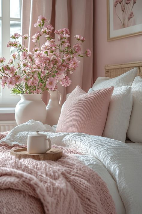 Transform your bedroom into a haven of tranquility with these 27 white and pink bedroom design ideas. Explore crisp white bedding, blush pink accent walls, and delicate floral patterns. Discover white furniture with pink cushions, rose gold metallic accents, and romantic artwork. Pink Bedroom Accents, Pretty Bedroom Ideas For Women, Modern Coquette Room, Blush Bedding Bedroom Ideas, Baby Pink Room Aesthetic, Pink Romantic Aesthetic, White And Pink Bedroom Ideas, Rose Gold Bedroom Ideas, White Pink Bedroom