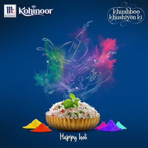 Kohinoor wishes everyone a very Happy Holi. We hope your Holi is filled with our #AromaOfHappiness. Holi Creative Ads Restaurant, Happy Holi Social Media Post, Holi Creative Ads Food, Happy Holi Creative Post, Holi Creative Poster Design, Holi Creative Ads Social Media, Holi Poster Graphic Design, Holika Dahan Creative Ads, Happy Holi Wishes Creative