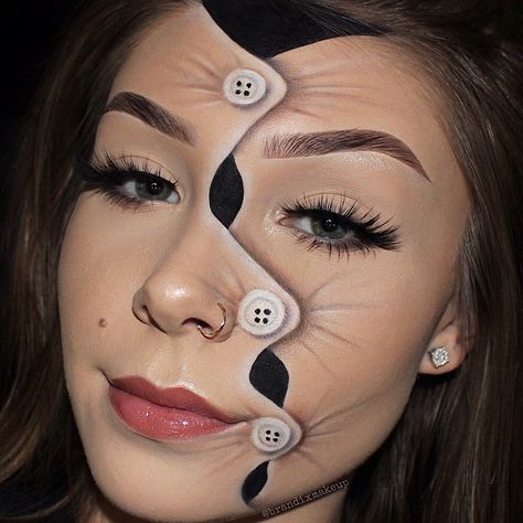 Brandi on Instagram: “buttoned up (inspo @roxy.stoici.mua ✨) —————————————————————— Brows: @benefitcosmetics ka brow shade 3 *gifted* @soapbrows brow soap…” Brow Soap, Illusion Paintings, Theatre Makeup, Special Fx Makeup, Face Paint Makeup, Face Art Makeup, Make Up Inspo, Fx Makeup, Sfx Makeup