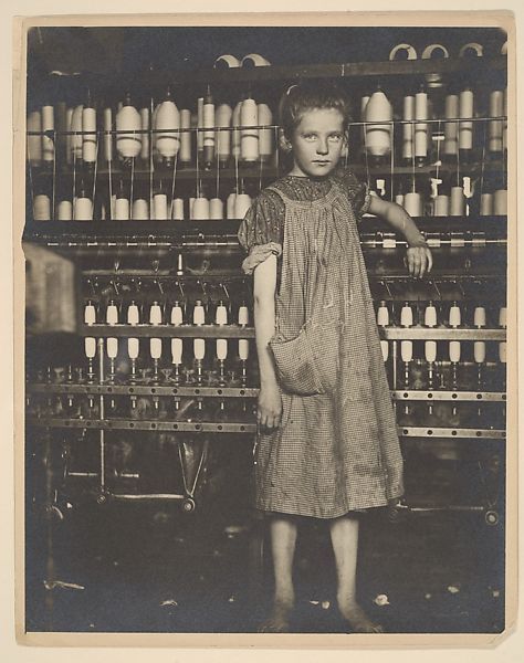 Lewis Hine | Addie Card, 12 years. Spinner in North Pownal Cotton Mill. Girls in mill say she is ten years. She admitted to me she was twelve; that she started during school vacation and now would "stay". Location: Vermont | The Met Lewis Wickes Hine, Child Worker, Lewis Hine, Julia Margaret Cameron, Cotton Mill, School Vacation, American Children, Gelatin Silver Print, Historical Pictures