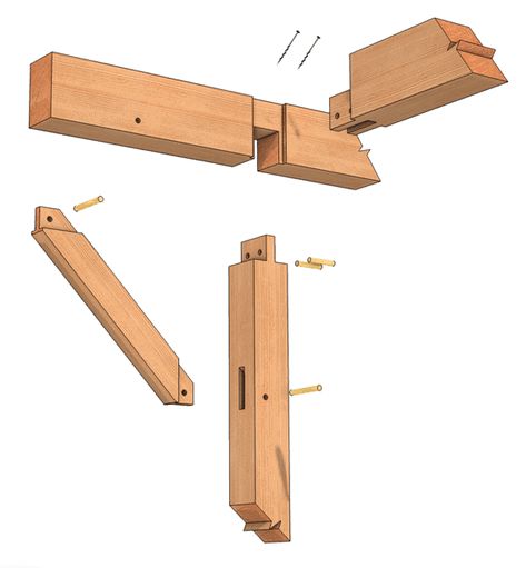 Timber Frame Corner Joint with Spline and a Tenon - Timber Frame HQ Timber Frame Joints, Timber Frame Construction Detail, Timber Joints, Framing Design, Timber Frame Plans, Timber Frame Joinery, Timber Frame Barn, Oak Framed Buildings, Timber Frame Building