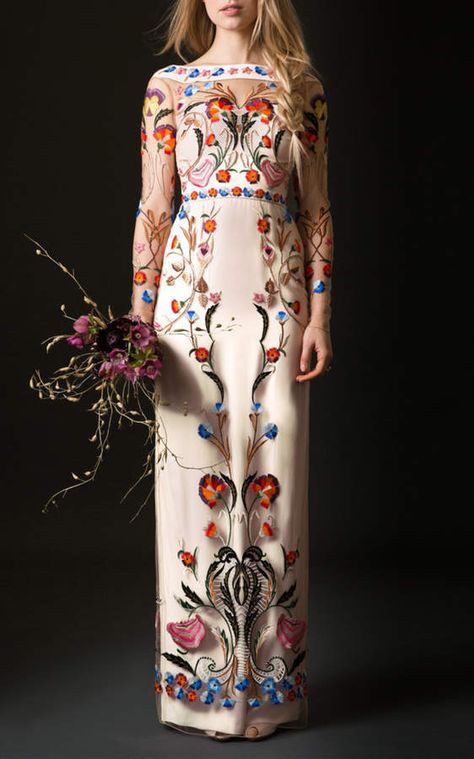 Temperley London Bridal Fitted Toledo Dress This *Temperley Bridal* Fitted Toledo Dress features a boat neckline sheer embroidered long sleeves and column silhouette. #afflink Temperley London Bridal, Unconventional Wedding Dress, Alice Temperley, Bohemian Wedding Dresses, Temperley London, Luxury Women Fashion, Vestidos Vintage, Love Clothing, Boho Bride