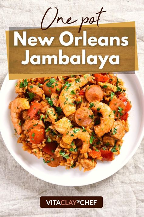 VitaClay brings New Orleans to you with this fabulous one-pot Jambalaya-inspired rice dish. It incorporates rice, sausage, shrimp, chicken and lots of veggies and broth for a well-rounded, delicious, easy meal. #easydinners Jumbliah Rice, Rice Cooker Jambalaya Recipe, Vitaclay Recipes, Sausage Shrimp, Cajun Food, Jambalaya Recipe, Rice Dish, Grain Foods, Cajun Recipes