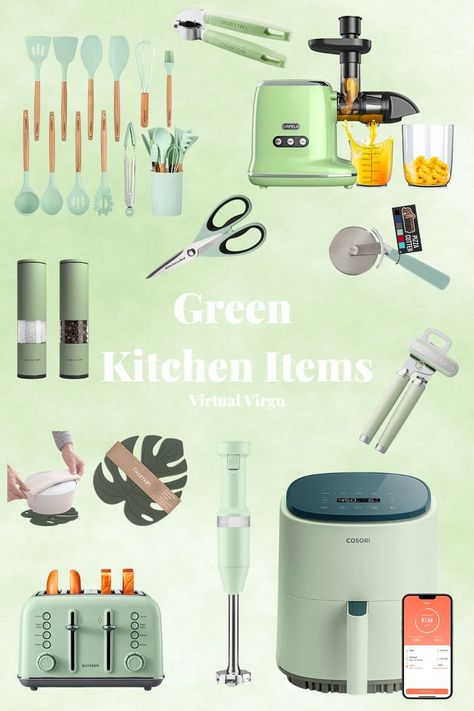 green kitchen items, amazon kitchen finds, green, kitchen utensils, kitchen gadgets, kitchen appliances, sage green, mint green Green Appliances Kitchen, Light Green Kitchen Aesthetic, Sage Green Kitchen Appliances, Green Kitchen Appliances, Green Toaster, Amanda Allen, Light Green Kitchen, Princess Kitchen, Green Kitchen Accessories