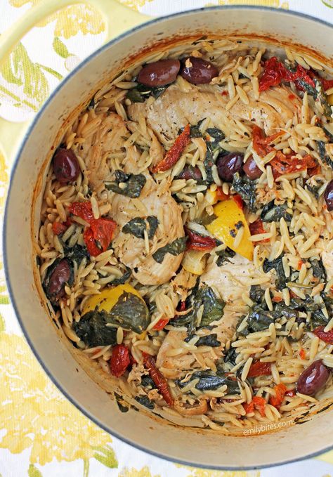 One-Pot Mediterranean Chicken with Orzo - Emily Bites Mediterranean Chicken And Orzo, One Pot Mediterranean, Chicken With Orzo, Chicken And Orzo, Emily Bites, Recipe Builder, Greek Flavors, Mediterranean Chicken, Low Sodium Chicken Broth