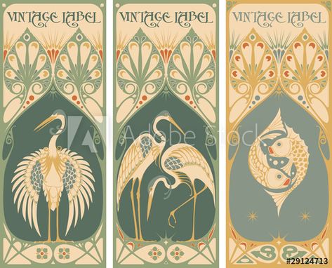 Stock Image: vintage labels: fish and poultry Fleurs Art Nouveau, Nouveau Tattoo, Illustration Art Nouveau, Design Art Nouveau, Kunst Tattoos, Label Art, Art Nouveau Illustration, Art Nouveau Design, Art Et Illustration