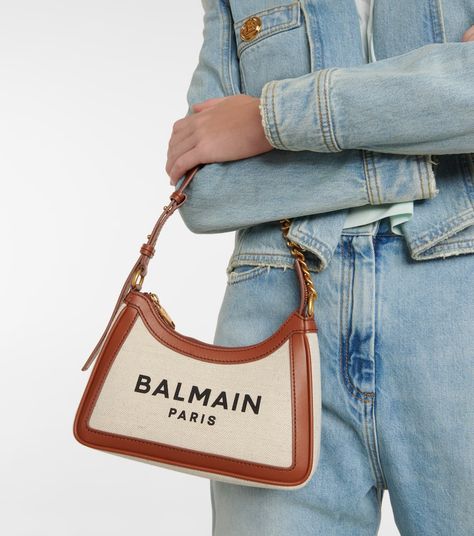 B Army Canvas And Leather Shoulder Bag in Multicoloured - Balmain | Mytheresa United Kingdom Clothes, Balmain Bag, Canvas Leather Bag, Denim Blazer, Bags Logo, Bag Shop, Canvas Shoulder Bag, Fabric Trim, Leather Chain