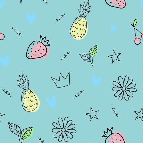 Vector seamless pattern in doodle style ... | Premium Vector #Freepik #vector #princess-pattern #baby-pattern #seamless #strawberry-pattern Summer Symbols, Hello Shirt, Cute Seamless Pattern, Princess Pattern, Baby Pattern, Strawberry Pattern, Fashion Background, Doodle Style, Pattern Baby