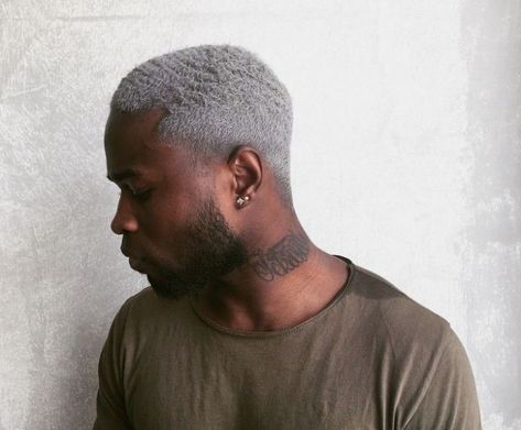 Black Man With Dyed Hair, Grey Hair Men Dyed, Black Man Colored Hair, Grey Men Hair, Grey Dyed Hair Men, Light Grey Hair Color, Dyed Hair Men Black, Black Men Hair Color Ideas, Black Men Blonde Hair