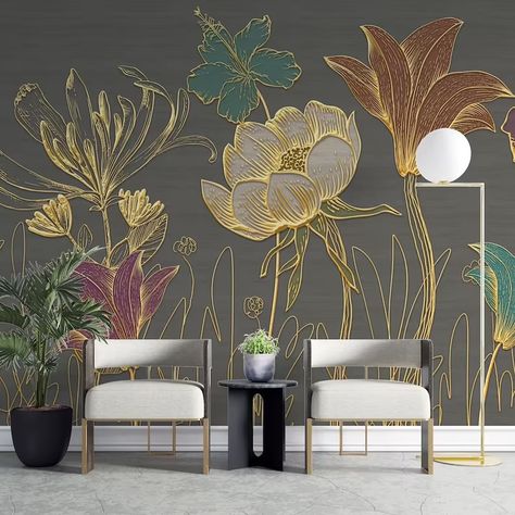 3D Floral Gold Detailed Wallpaper Self Adhesive Colorful - Etsy Croatia Detailed Wallpaper, Copper Wallpaper, Bronze Wallpaper, 3d Wallpaper Mural, Flowers 3d, 3d Wall Murals, Wallpaper Floral, Interior Wallpaper, Bedroom Wallpaper