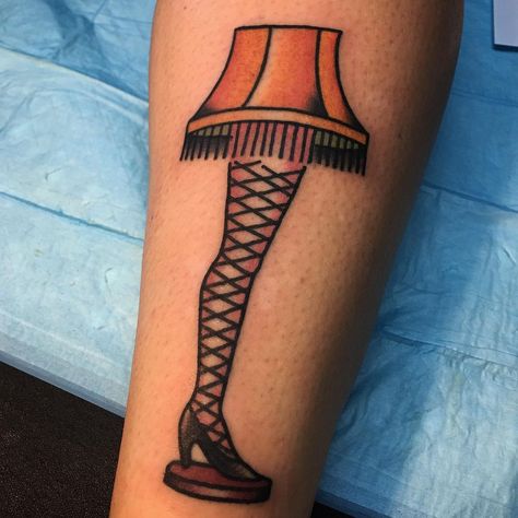 Christmas Traditional Tattoo, Christmas Story Tattoo, Traditional Christmas Tattoo, Leg Lamp Tattoo, American Traditional Christmas, Tibbs Eve, Christmas Flash Tattoo, Christmas Tattoo Flash, Christmas Tattoo Ideas