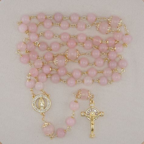 Catholic Christmas Gifts, Mary And Jesus, Virgin Mary, Rosary, Bead Charms, Rose Quartz, Gold Plate, Christmas Gifts, Plating