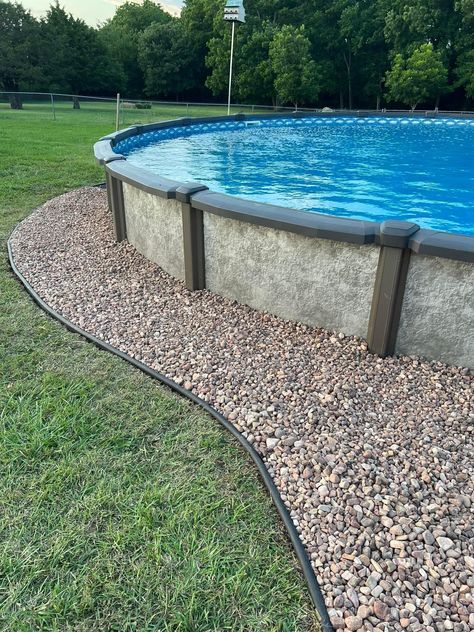 Pea Gravel Around Above Ground Pool, Rocks Around Above Ground Pool, Backyard Zen, Decks Around Pools, Round Above Ground Pool, Pool Deck Plans, Swimming Pool Decks, Swimming Pool Landscaping, Pool Life