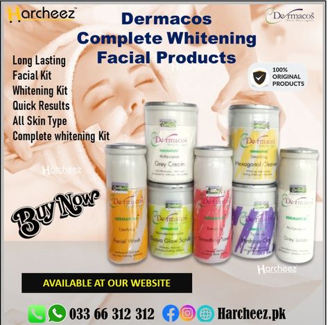 Dermacos Facial Kit 100% Genuine Product Complete Facial Products Available now At our Website Harcheez.pk Visit Our Website or WhatsApp Here 033 66 312 312 #newproduct #dermacosmetics #dermacosfacial #onlinestore #onlineshopping Derma Cosmetics, Facial Kit, Facial Products, Whitening Kit, Facial Wash, Skin Types, Lotion, Shampoo Bottle, Facial