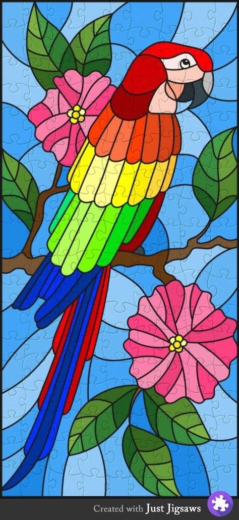 Painting Ideas Trees, Bird Painting Ideas, Bird Parakeet, Glass Painting Patterns, Stained Glass Quilt, Glass Painting Designs, Stained Glass Paint, Stained Glass Birds, Tropical Tree