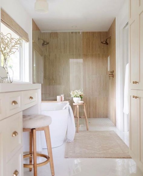 Wood Tile Bathroom, Warm Bathroom, Shower Wall Tile, White Marble Tiles, Primary Bathroom, Primary Bath, Wood Look Tile, Minimalist Bathroom, Bathroom Inspo