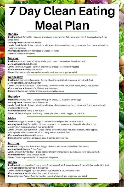 Wanting to start clean eating, but you're confused about what to eat? Don't overthink it, just follow this 7 day clean eating meal plan! clean eating dinner ideas, clean eating meal plan, clean eating snacks, clean eating for beginners, clean eating breakfast, clean eating grocery list, clean eating meal plan for beginners, clean eating meal recipes, clean eating meal plan 1 week, clean eating meal ideas, clean eating meals easy, clean eating meal plan and Meal Ideas Clean Eating, Easy Clean Eating Meal Plan, Dinner Ideas Clean Eating, Clean Eating Meal Ideas, Clean Eating Dinner Ideas, Meal Plan Clean Eating, Clean Eating Menu, Clean Eating Diet Plan, Healthy Eating Meal Plan