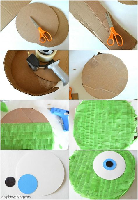 How to make a DIY Mike Wazowski Pinata | #diy #pinata #party - great for a basic circle pinata tutorial, as well as a cute Mike Wazowski modification! Diy Circle Pinata, Circle Pinata, Monster Pinata, Monster University Birthday, University Party, Pinata Diy, Monsters Inc Baby, Hallway Decoration, Monster 1st Birthdays