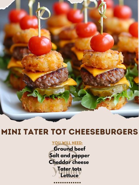 🍔🧀 Bite-sized Mini Tater Tot Cheeseburgers that are sure to be a hit! #PartyFood #Cheeseburger Mini Tater Tot Cheeseburgers Ingredients: Ground beef (1 lb) Salt and pepper (to taste) Cheddar cheese (4 slices, quartered) Tater tots (24, cooked) Lettuce (1/2 cup, shredded) Pickles (12 slices) Cherry tomatoes (6, halved) Toothpicks Instructions: Form ground beef into small patties, season with salt and pepper. Cook patties in a skillet until browned. Top each patty with a cheese quarter. Ass... Toothpick Appetizers, Warm Appetizers, Burger Bites, Bite Size Food, Mini Appetizers, Small Appetizers, Mini Burgers, Appetizer Bites, Tater Tots