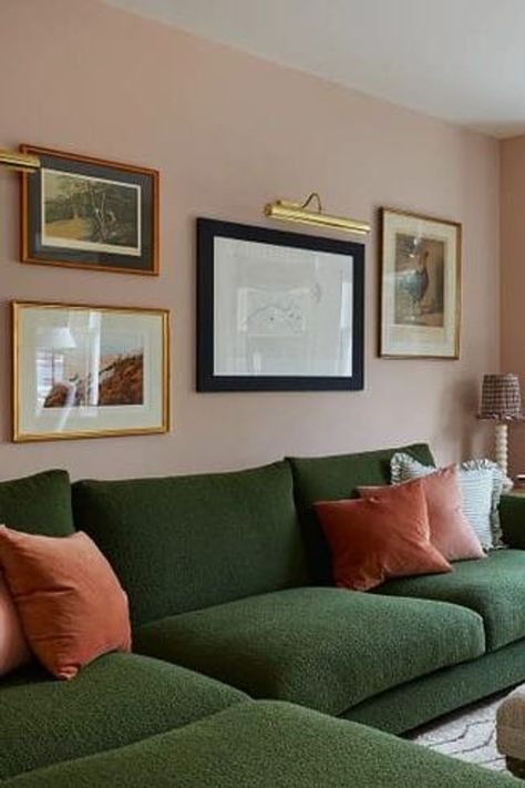 Peach And Green Living Room Decor, Green Wall Green Couch, Light Green Couches Living Room, Pink Sofa Wall Colour, Wall Colors For Green Couch, Green Couch Accent Wall, Green Couch With Pink Pillows, Pink And Green Victorian Living Room, Green Sofa Panelled Wall