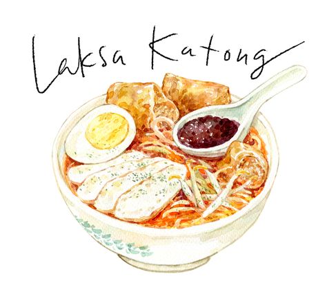 Laksa Katong, asian food watercolor illustration Food Illust, Food Anime, Food Doodles, Vietnam Food, Food Artwork, Food Sketch, Food Cartoon, Watercolor Food, Cute Food Art